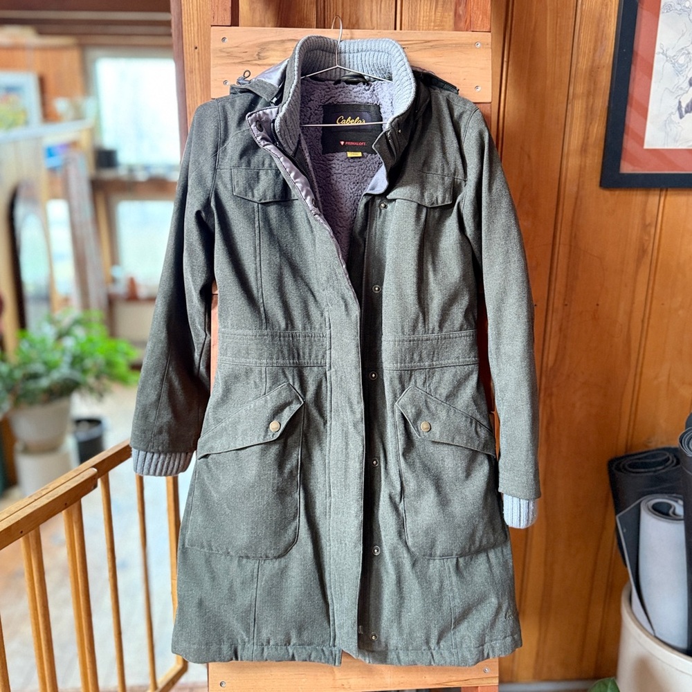 Cabela's Primaloft Green Utility Warm Winter Trench Jacket with Hood. Faux suede